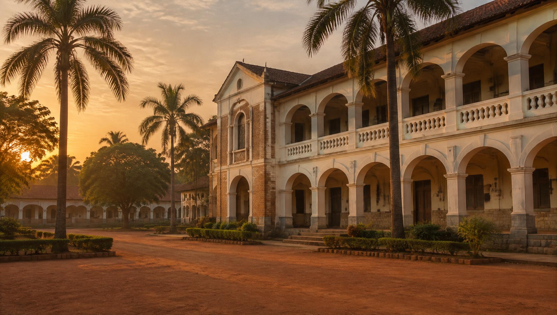 Historic school buildings at golden hour