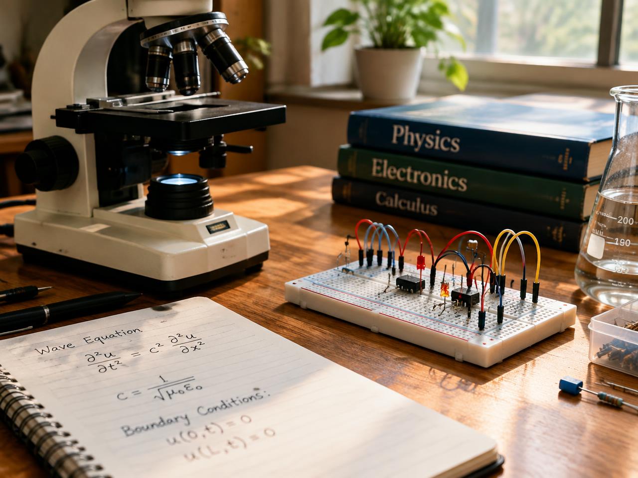Science lab bench with microscope and electronics